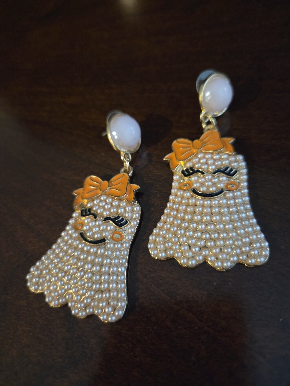 Faux Light Pink Pearl Ghost Drop Earrings with Orange Bow